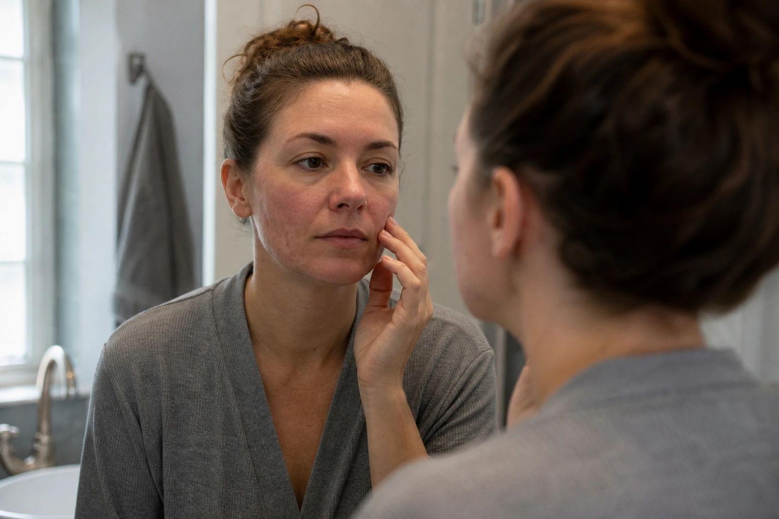 An adult examining mild facial redness and blemishes in a bathroom mirror