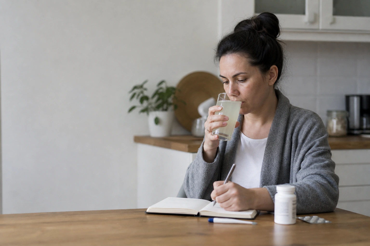 An adult recording symptoms while drinking rehydration fluid at home