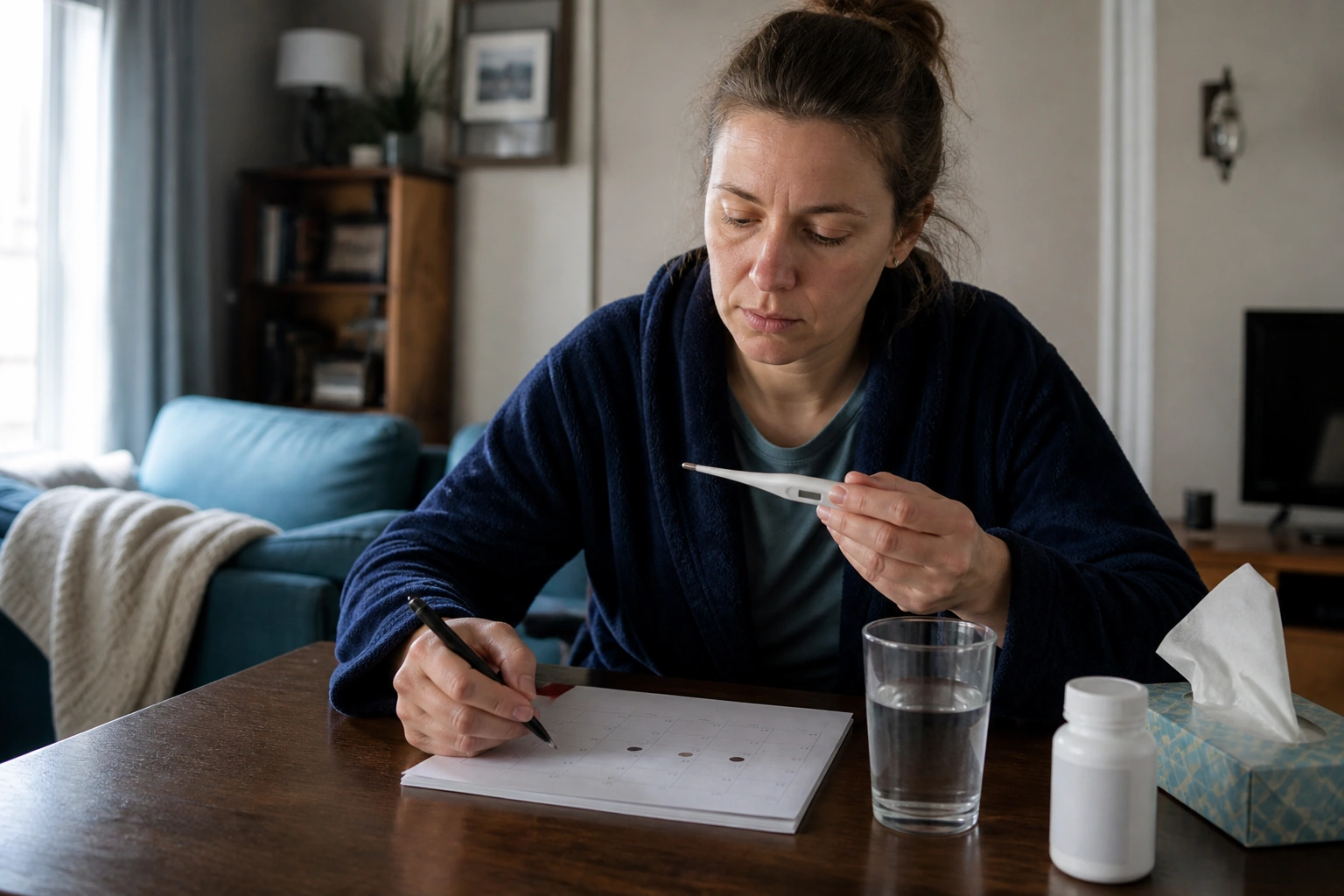 An adult tracking temperature and recovery while taking an antibiotic at home