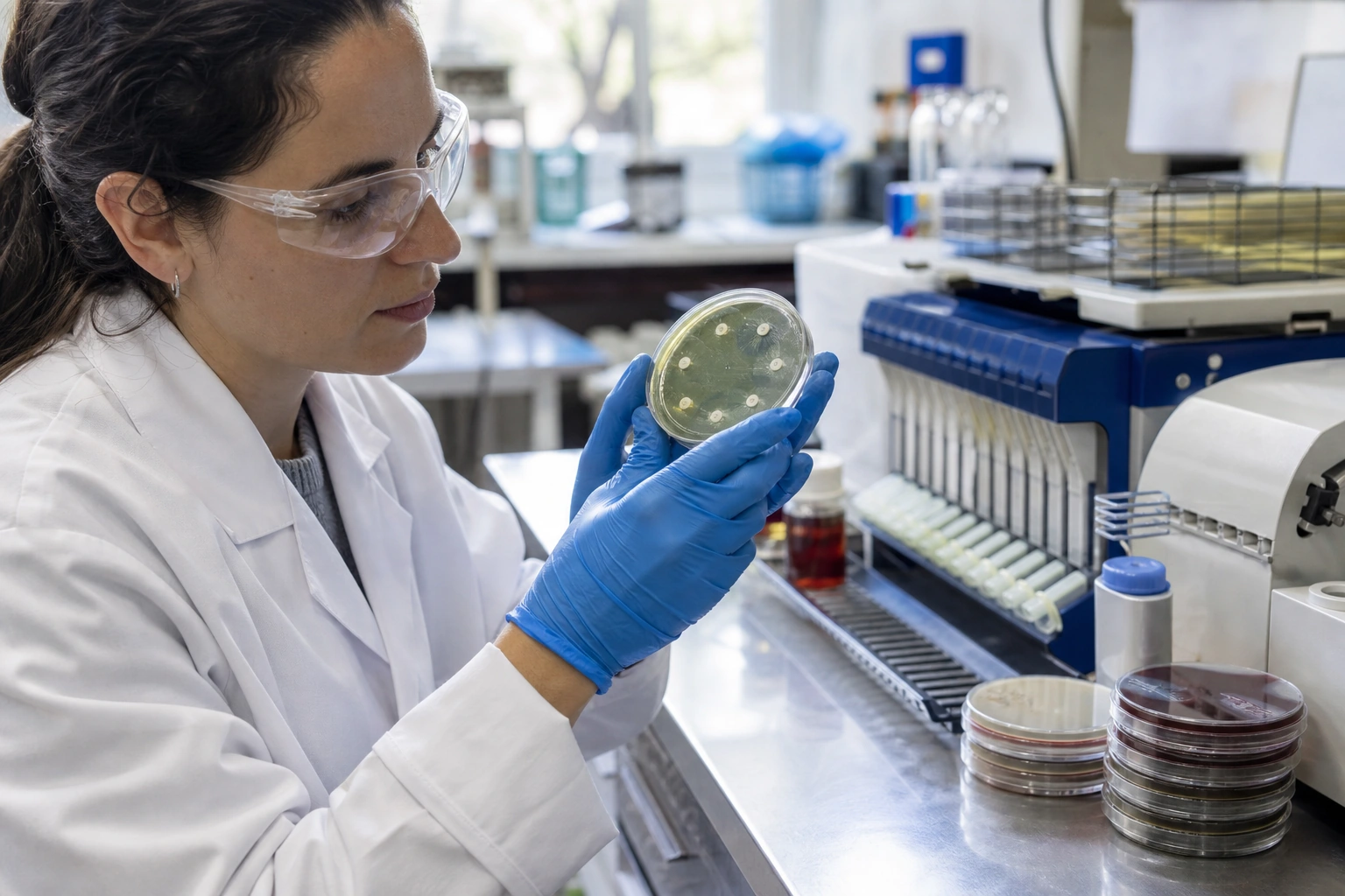 A clinical microbiology scientist examining an antibiotic susceptibility test