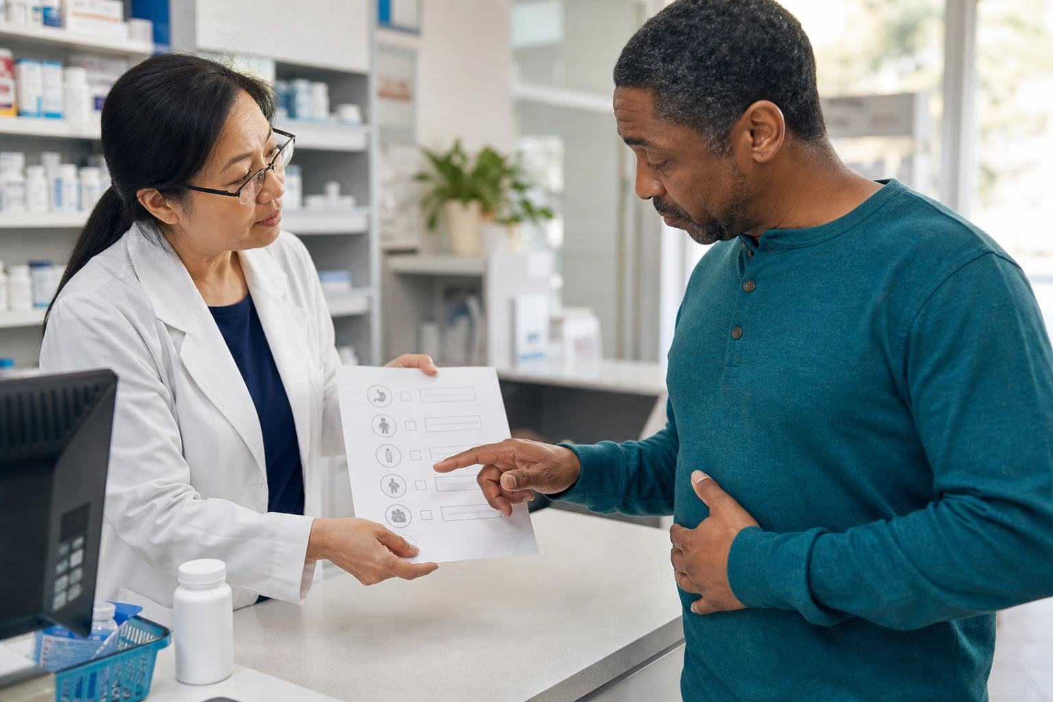 A pharmacist and adult patient reviewing an antibiotic symptom checklist