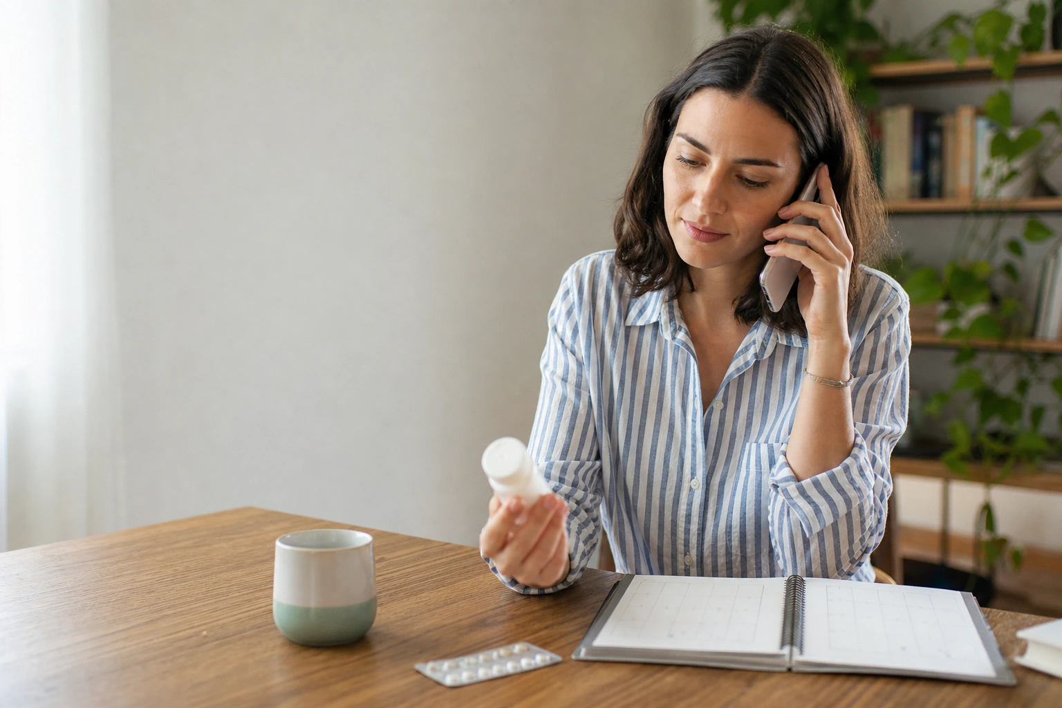 A woman calling a pharmacist while comparing an antibiotic and contraceptive calendar