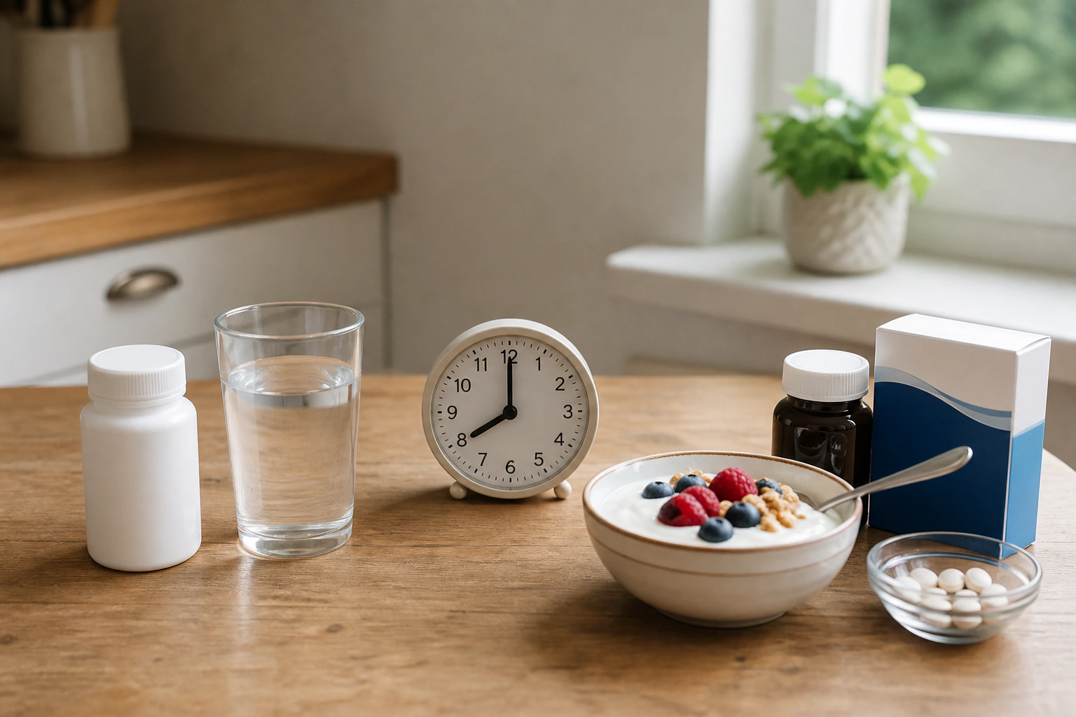 An antibiotic and water separated by a clock from yogurt and mineral products