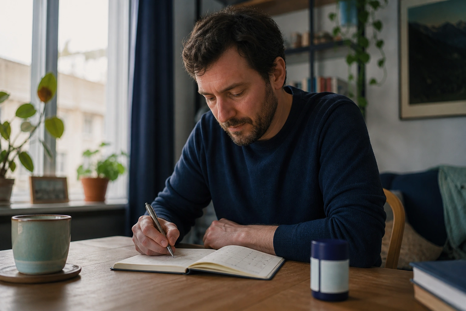 An adult tracking sleep, appetite and mood in a journal during antidepressant treatment