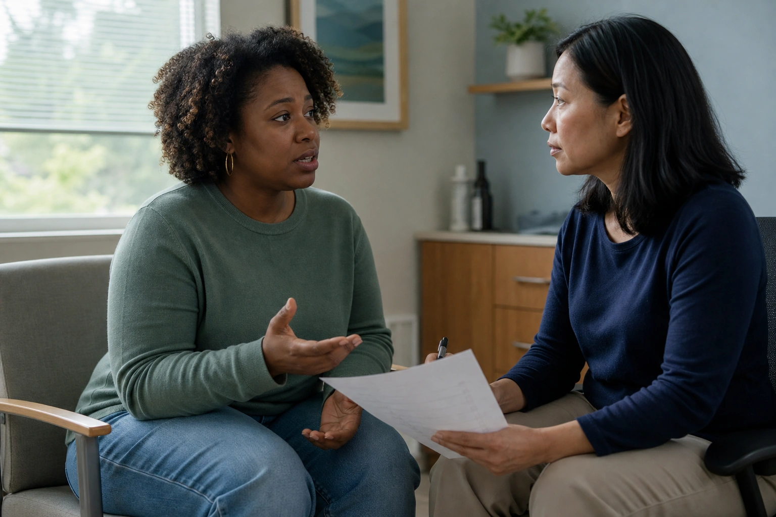 An adult speaking candidly with a clinician about antidepressant side effects