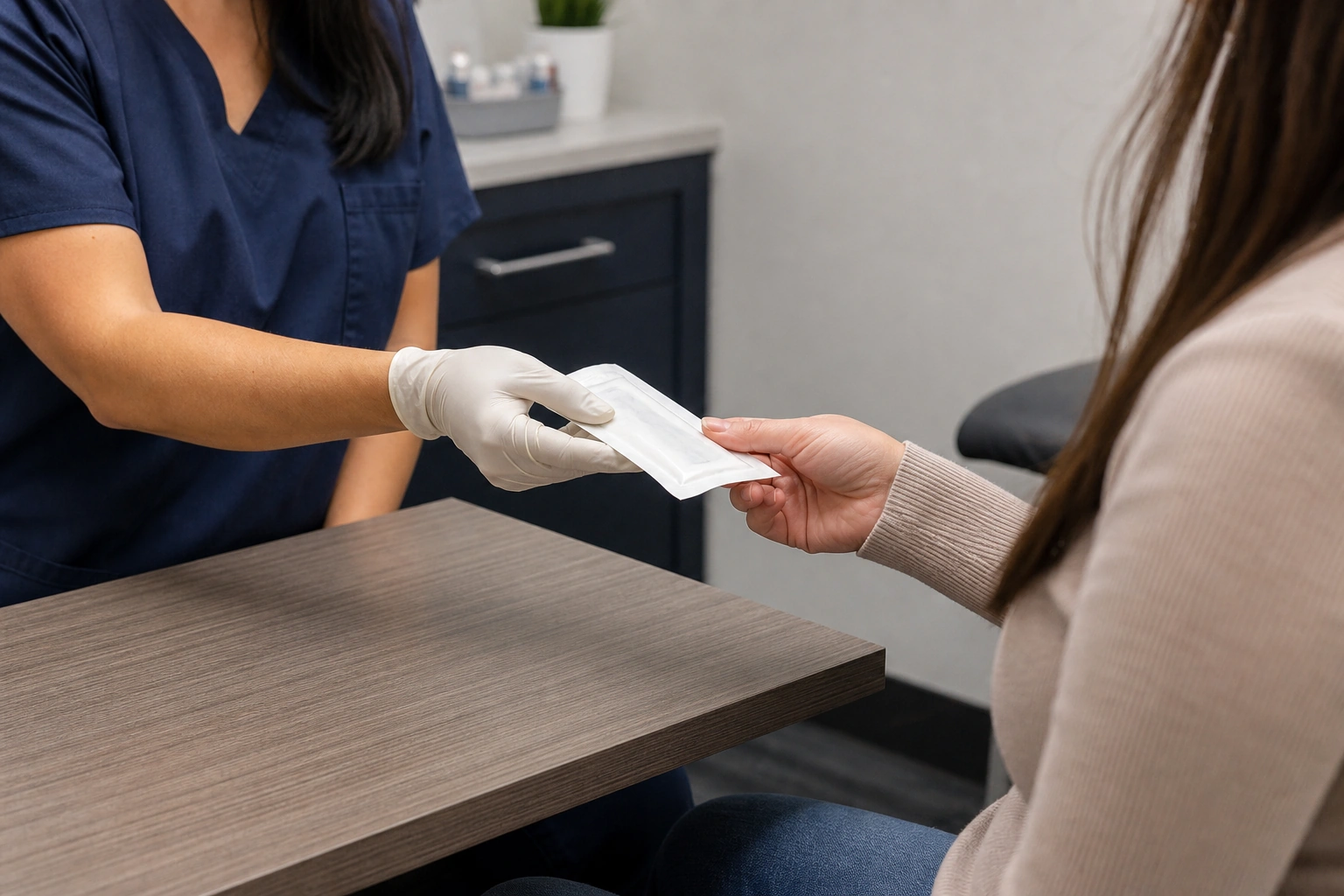 A clinician handing a sealed self-collection swab packet to an adult patient