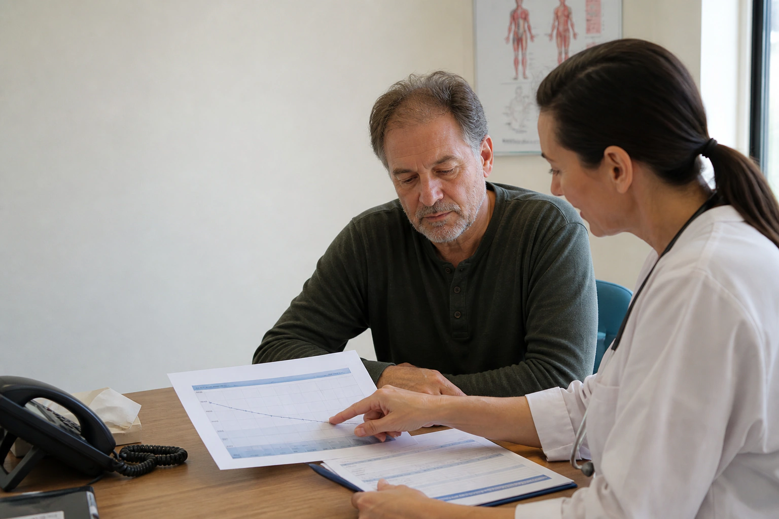 A clinician and adult reviewing a gradual corticosteroid taper and symptom record