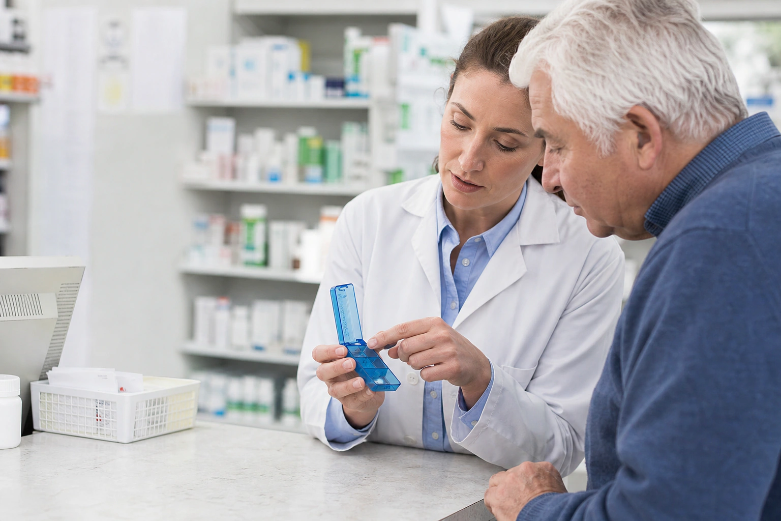 A pharmacist showing an older adult how a tablet splitter is used