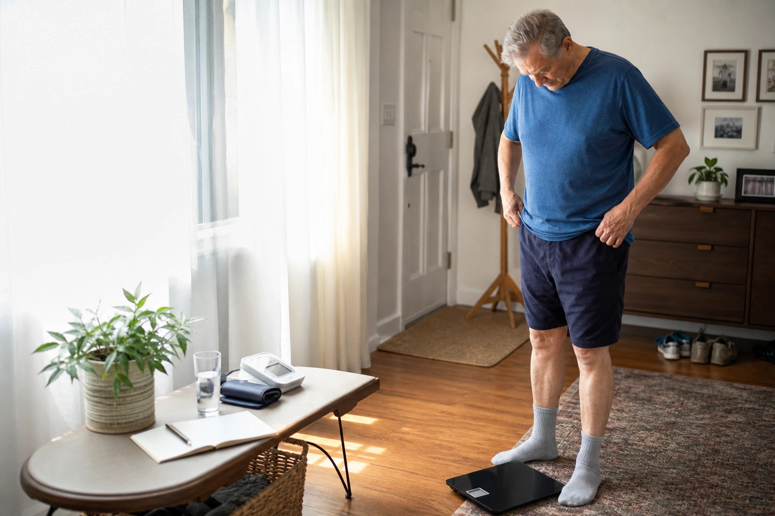 An older adult following a morning weight and blood pressure routine at home