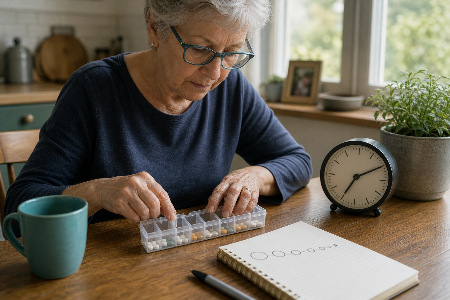 An older adult organizing medicine beside an analog clock and a simple decay sketch