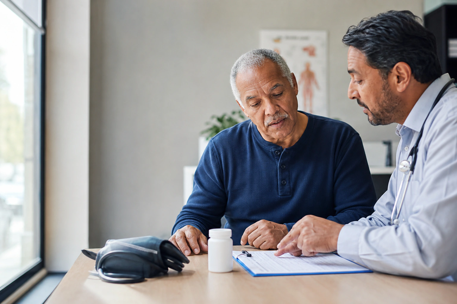 A man and clinician privately reviewing blood pressure and medicine interactions