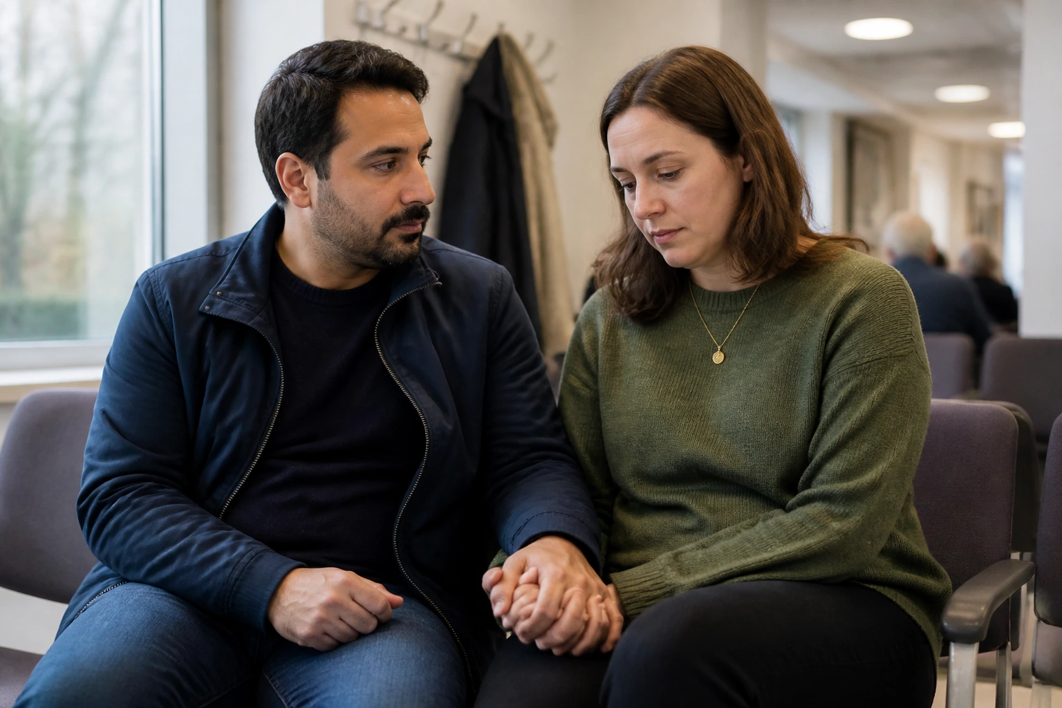 Two adults supporting one another before a fertility appointment
