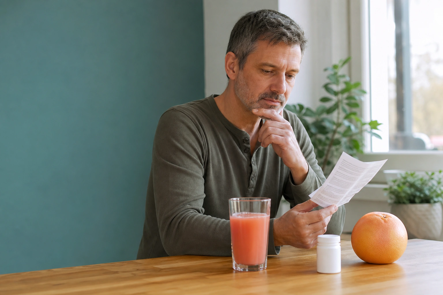 An adult checking a medicine leaflet beside grapefruit juice at breakfast