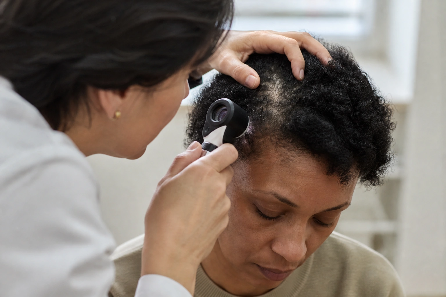 A clinician examining an adult patient’s scalp during a consultation