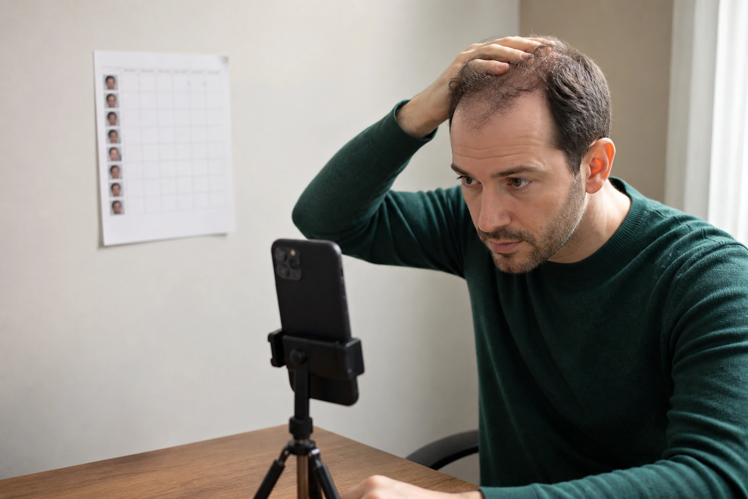 A man taking consistent home photographs to track hair-loss treatment progress