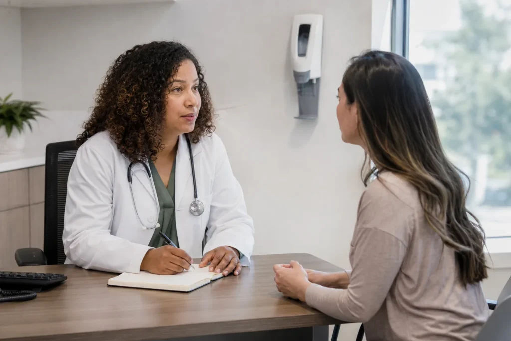 A primary-care clinician listening to an adult patient in a consultation room