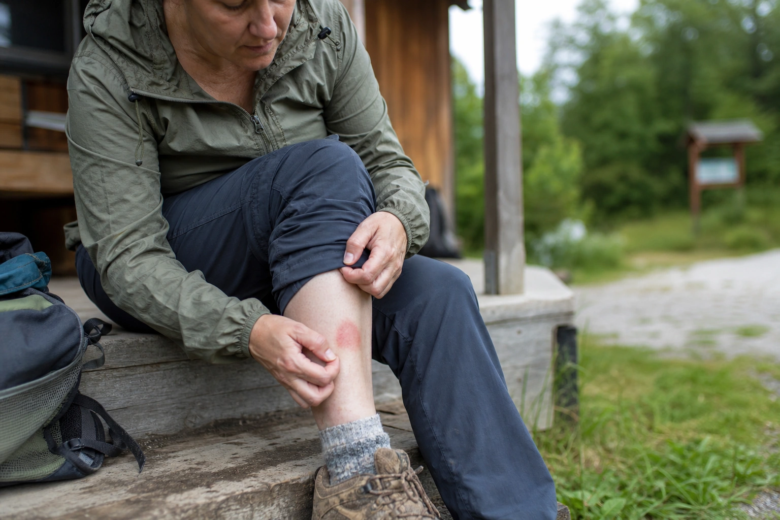 An adult hiker checking a new red patch on the lower leg