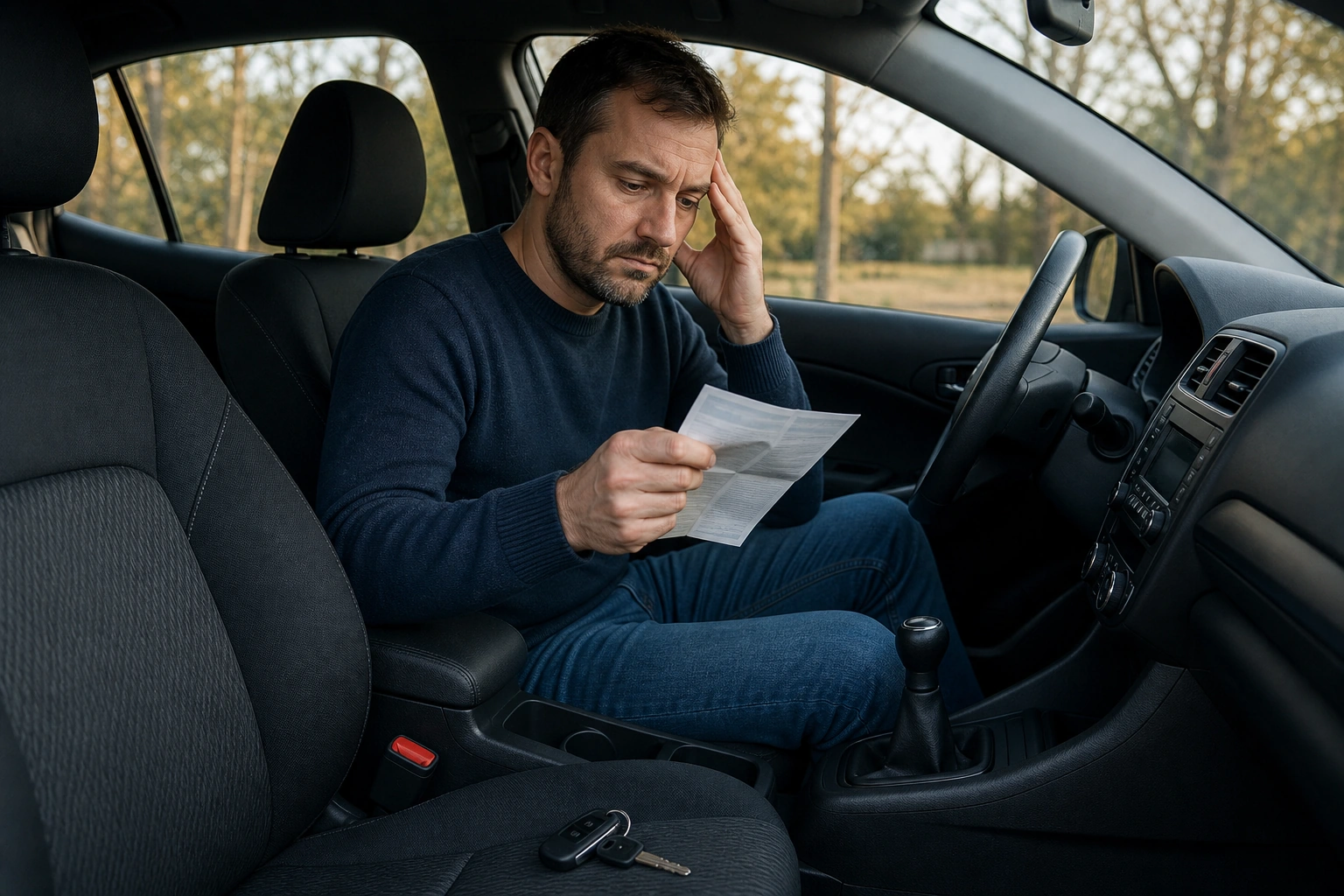 A tired adult reading medicine warnings in a safely parked car with the keys set aside