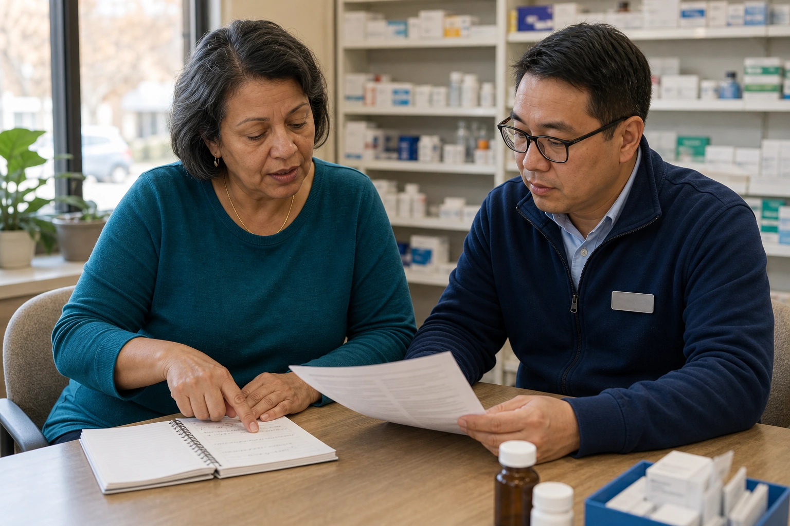 An adult discussing a medication symptom timeline with a community pharmacist