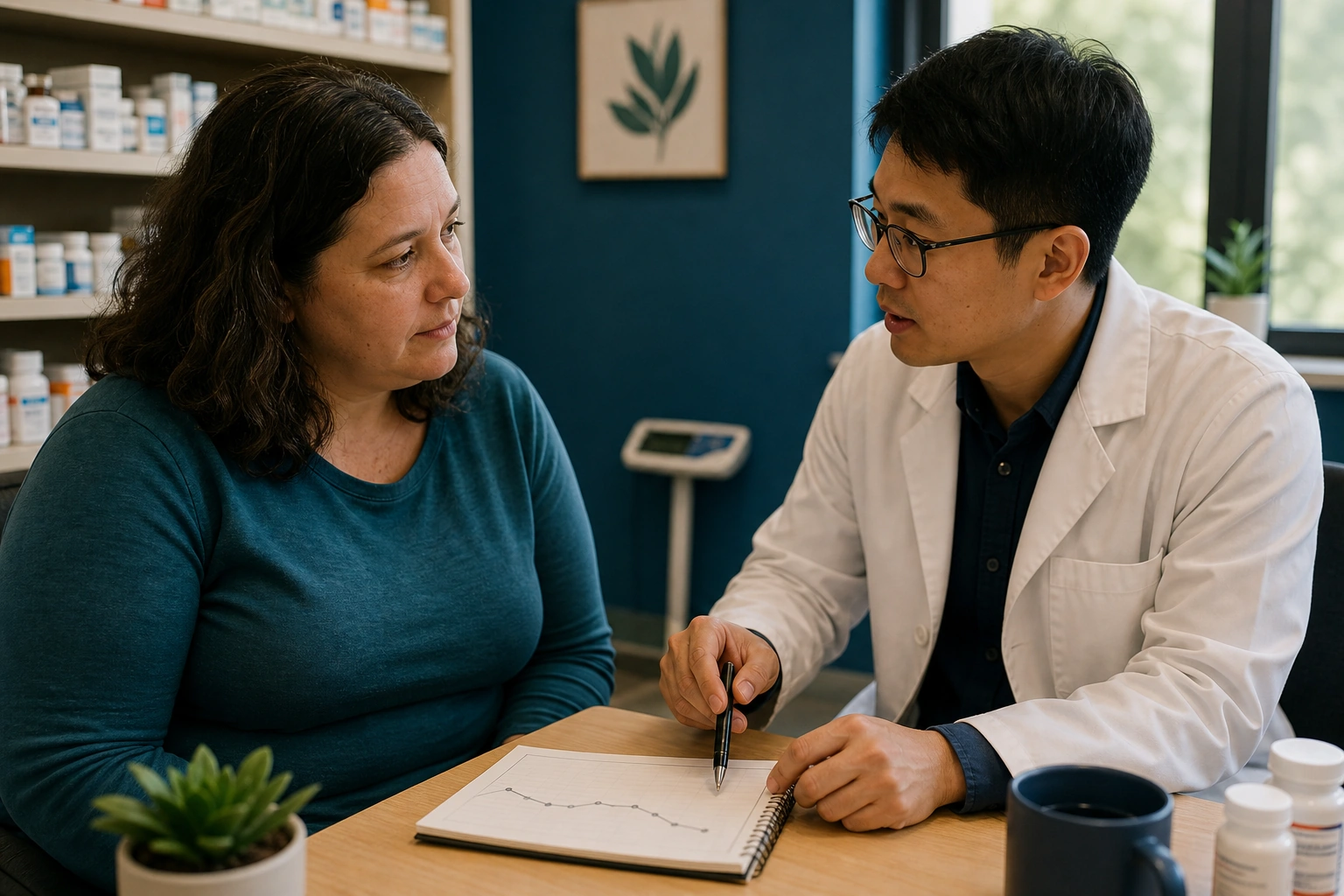 An adult and pharmacist discussing a weight trend without blame