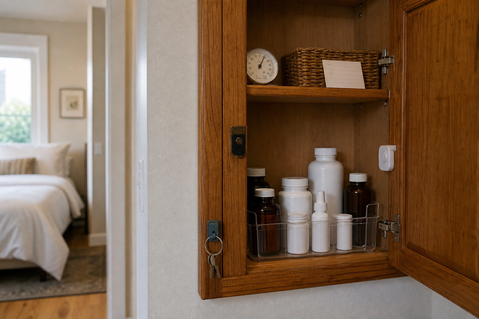 A locked dry home cabinet organized for safe medicine storage