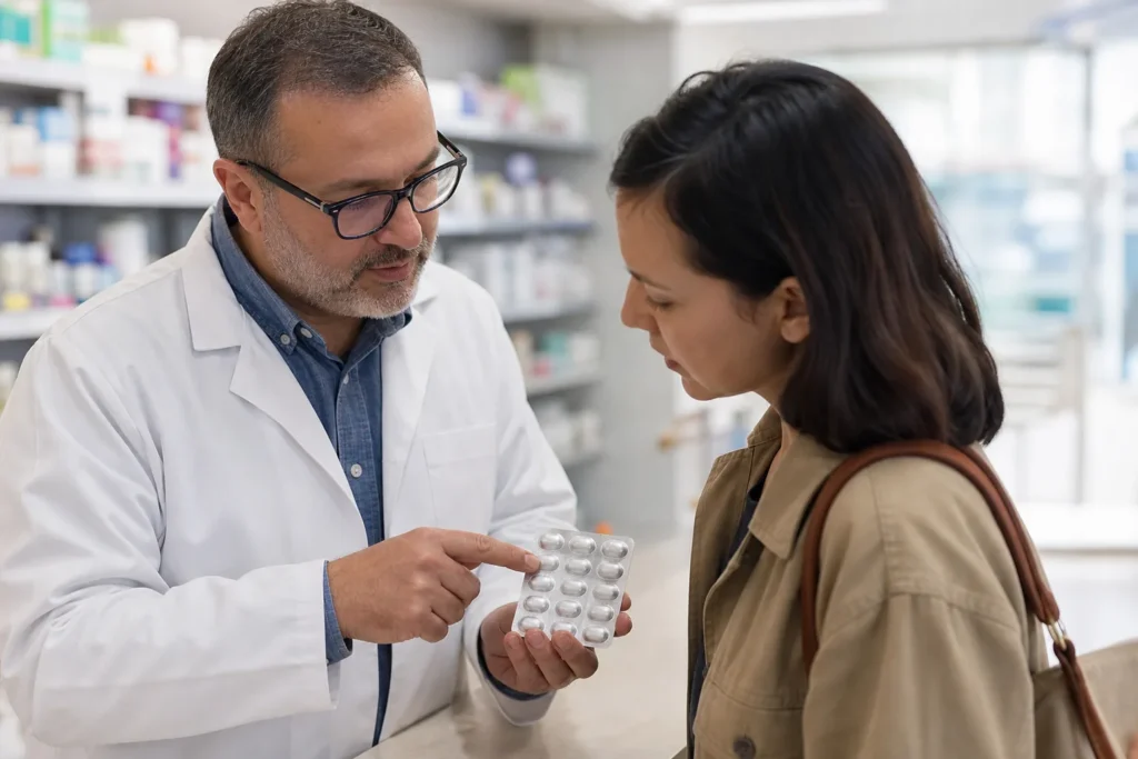 A pharmacist discussing medicine safety with an adult patient