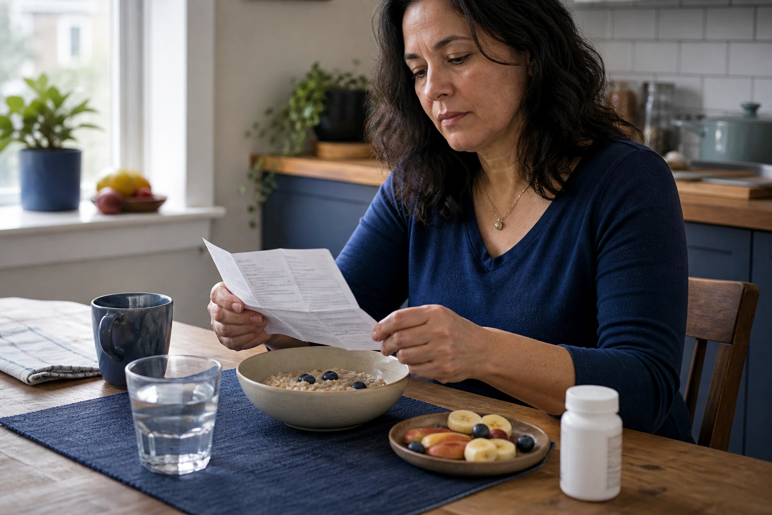 An adult checking medicine instructions beside breakfast and water