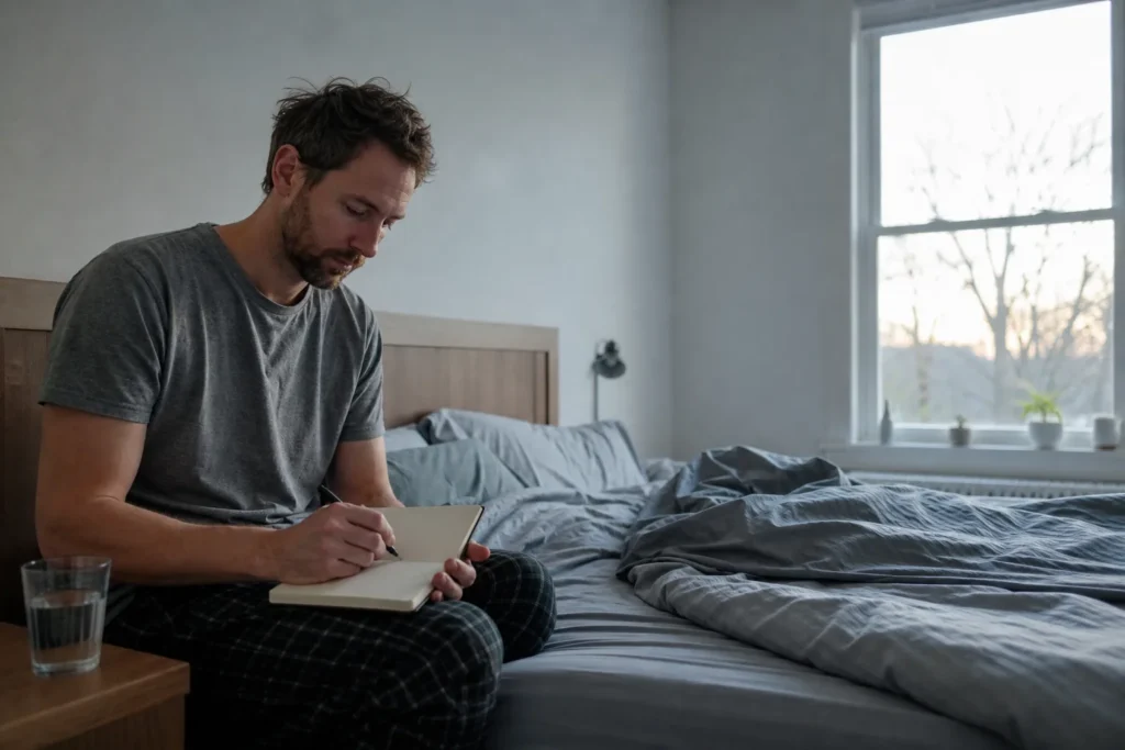 An adult speaking with a mental health professional in a calm office