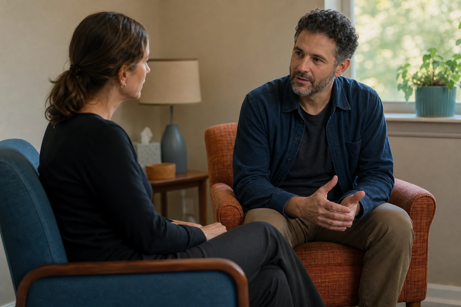 An adult talking with a therapist in a community counselling room
