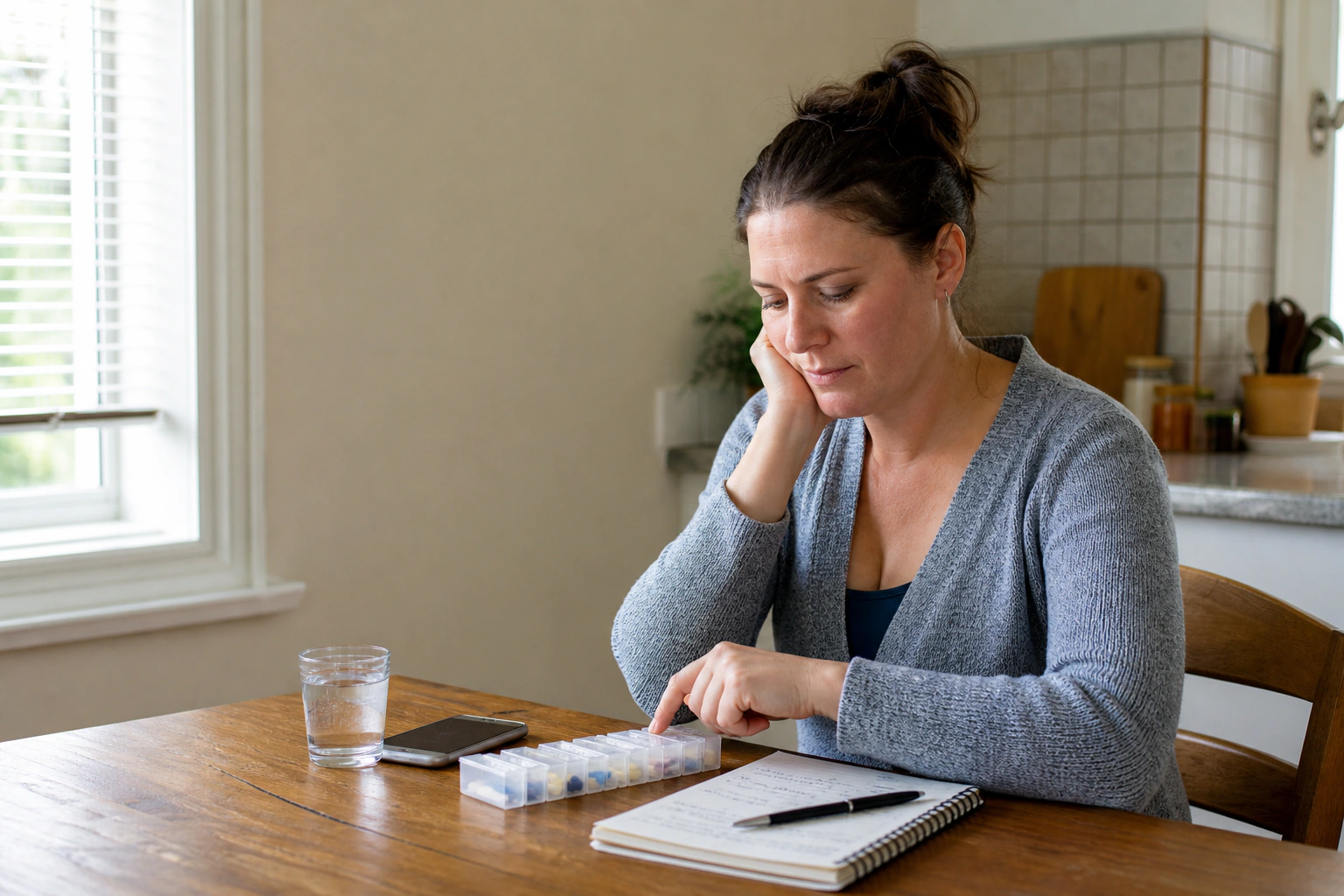 An adult checking a pill organizer and written medication time log at home