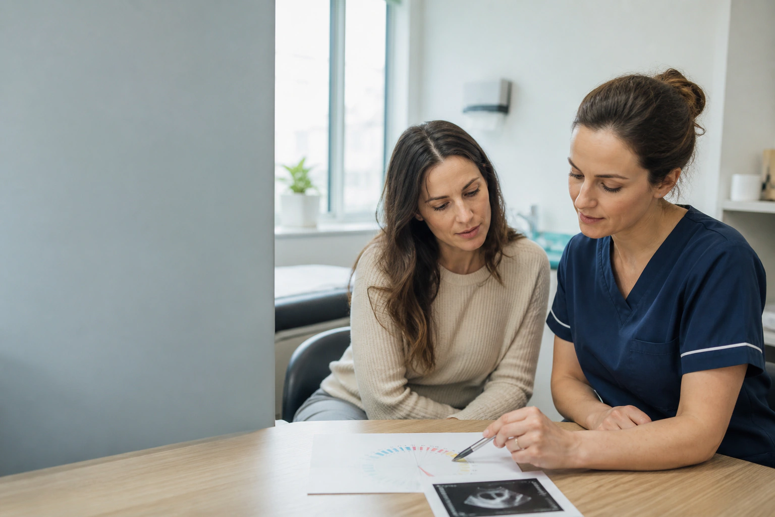 A fertility nurse and woman reviewing a monitored ovulation-induction cycle