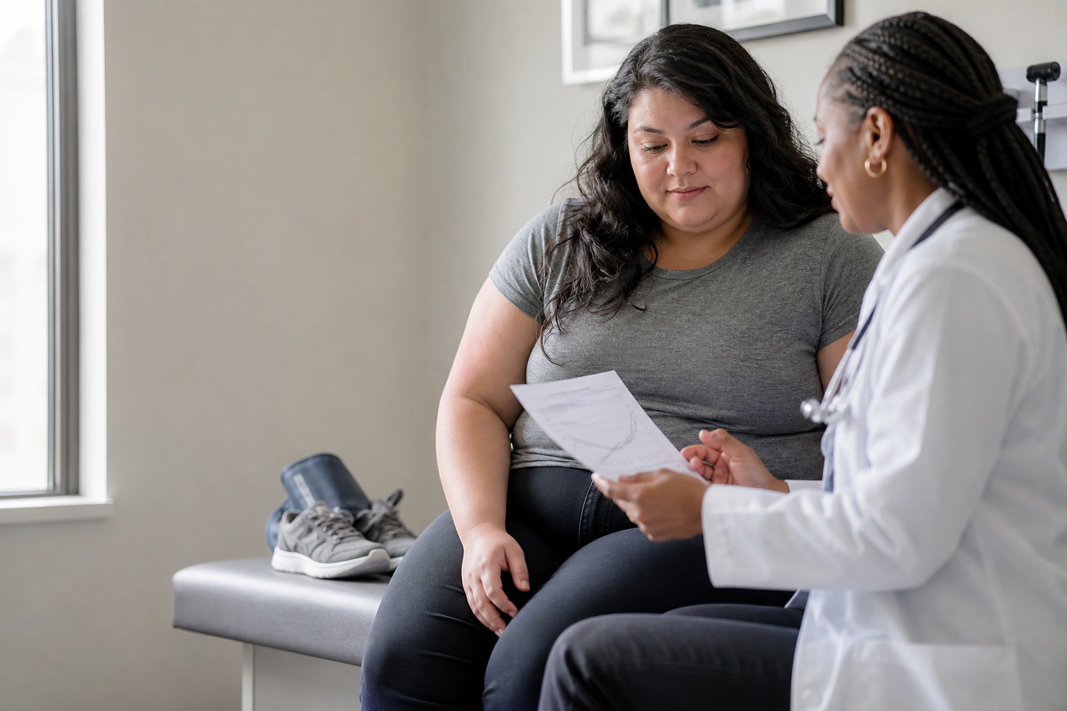 An adult and clinician reviewing a non-stigmatizing weight-health progress plan