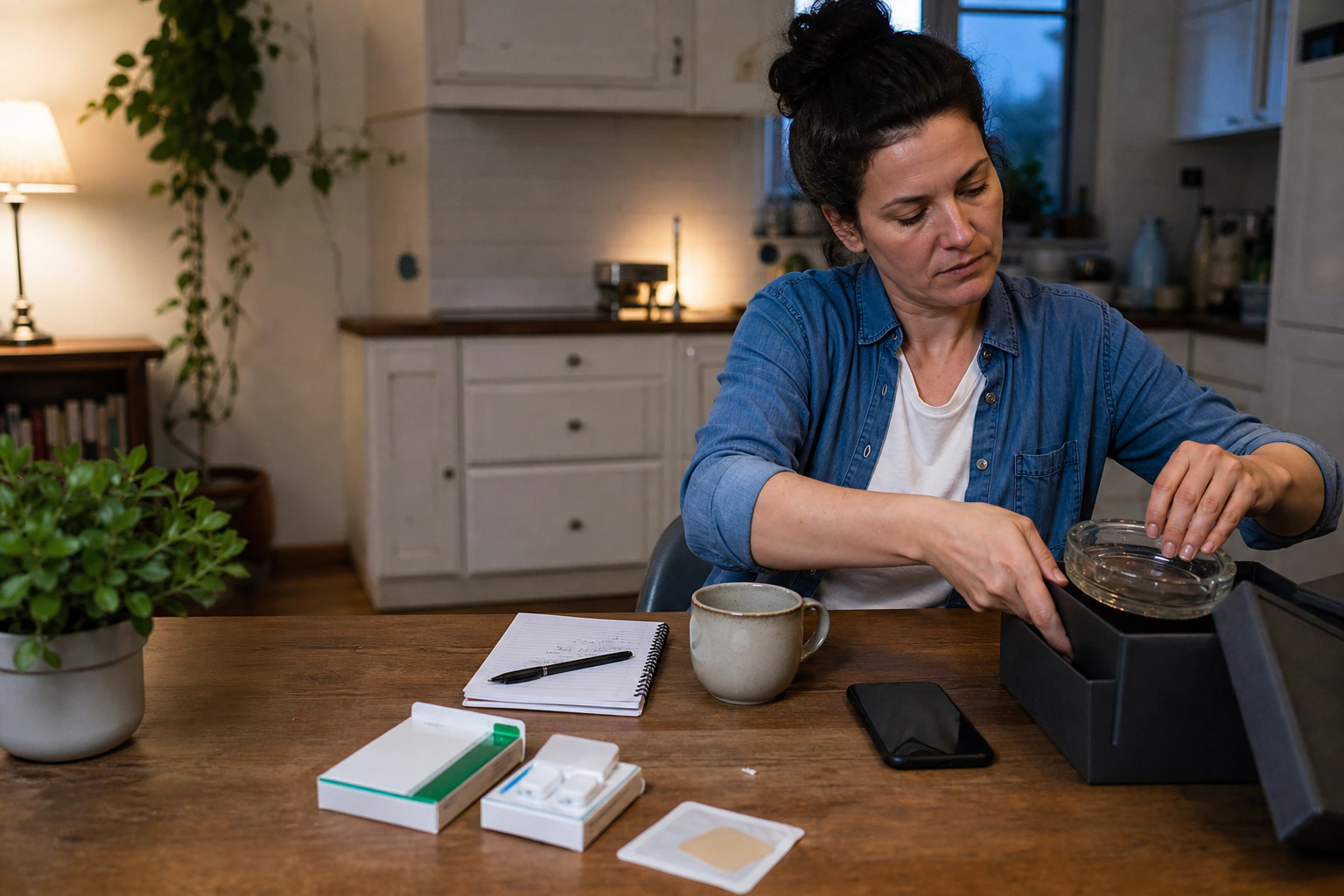 An adult removing an ashtray while preparing a quit-smoking medicine plan