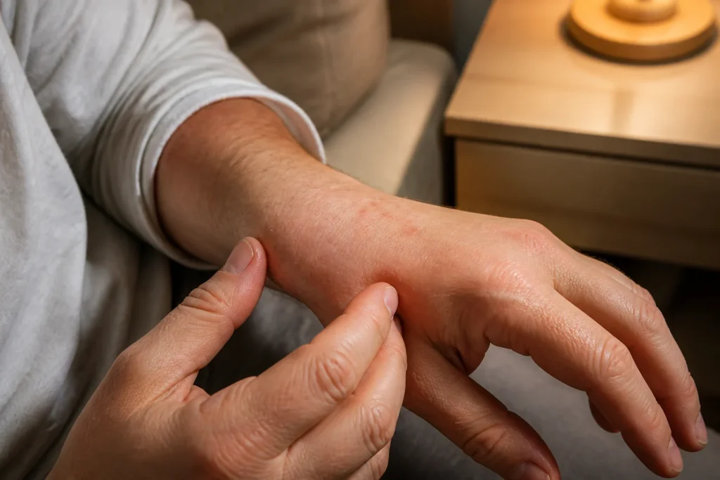An adult examining a subtle itchy rash around the wrist and fingers