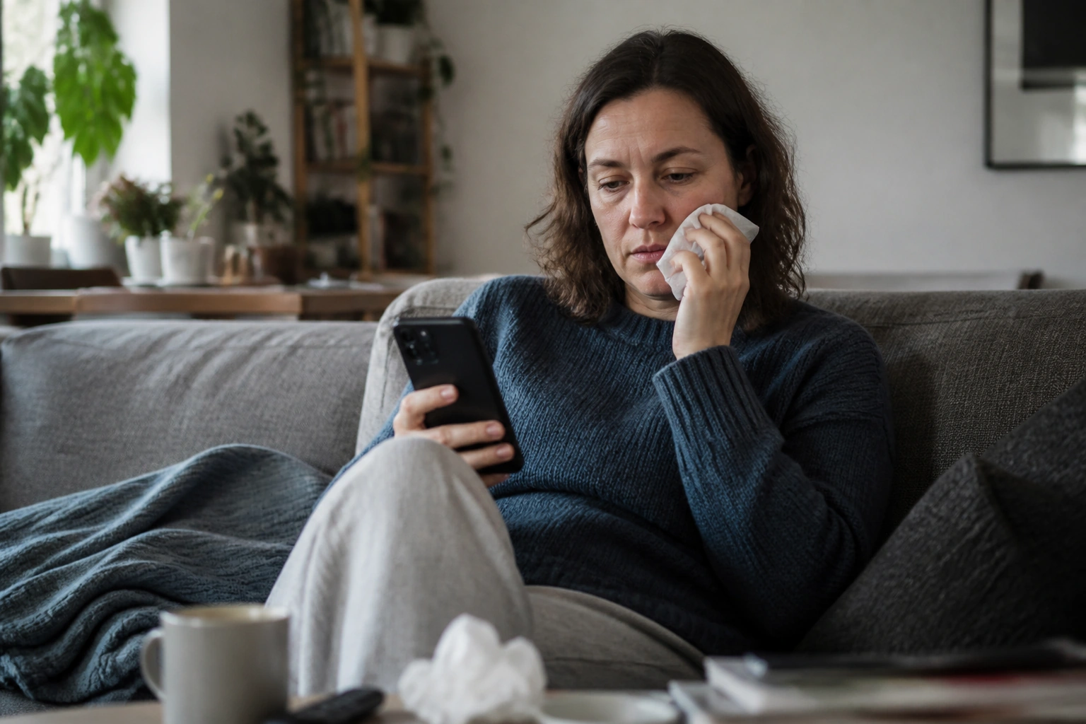 An adult with sinus symptoms resting at home and holding a tissue