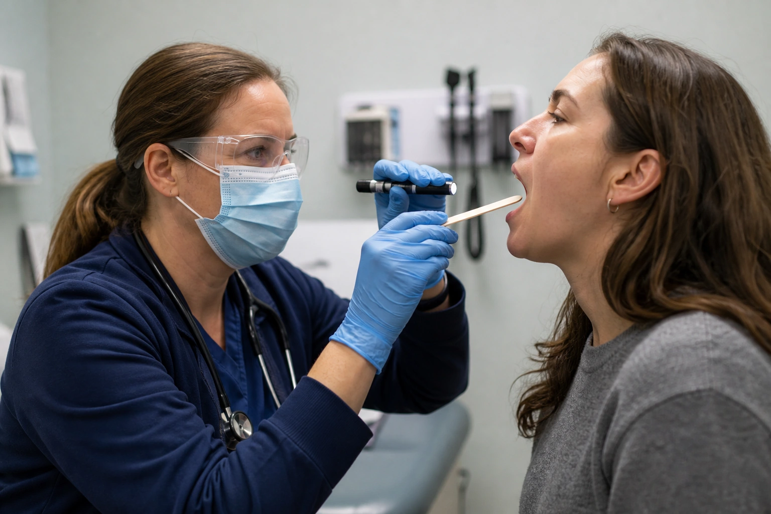 A protected clinician examining an adult patient’s throat