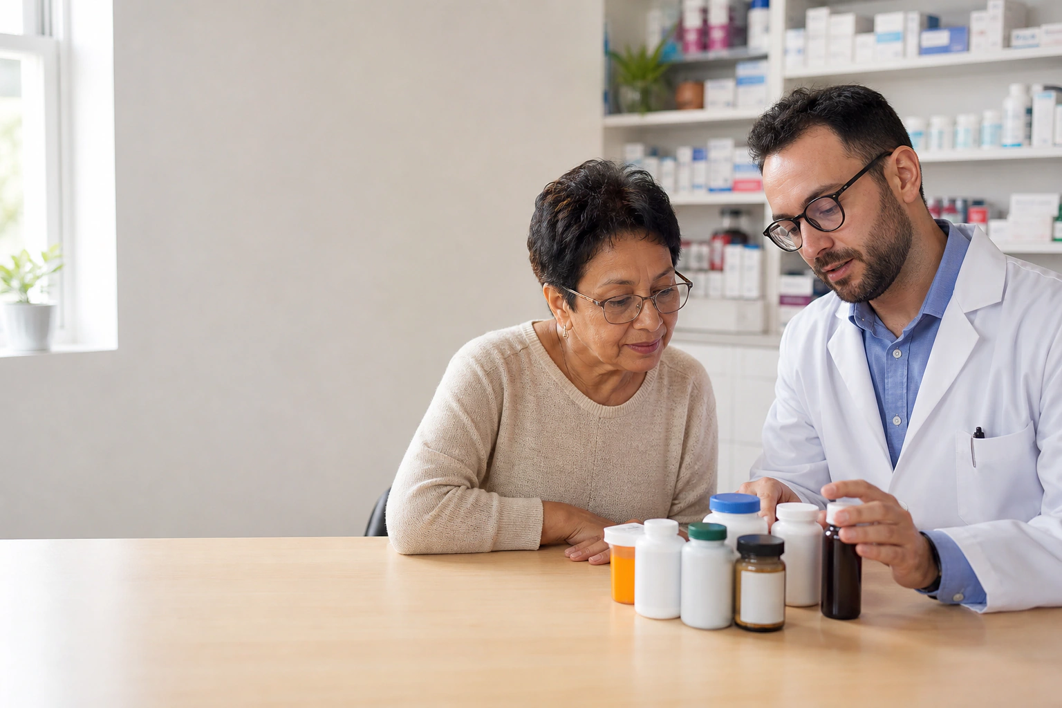 An adult and pharmacist reviewing prescription and supplement containers together