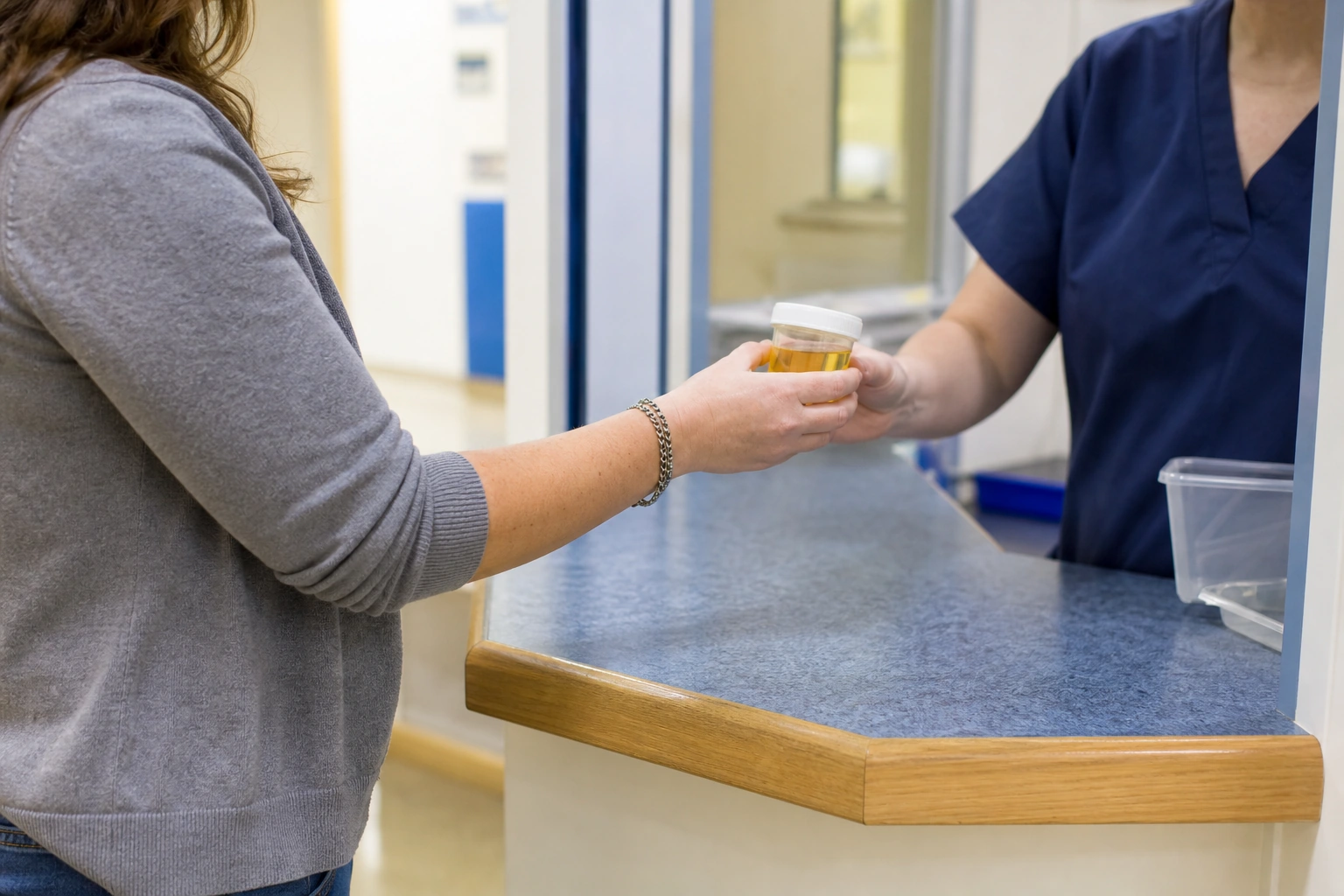 A patient handing a urine sample to a nurse at a clinic reception counter