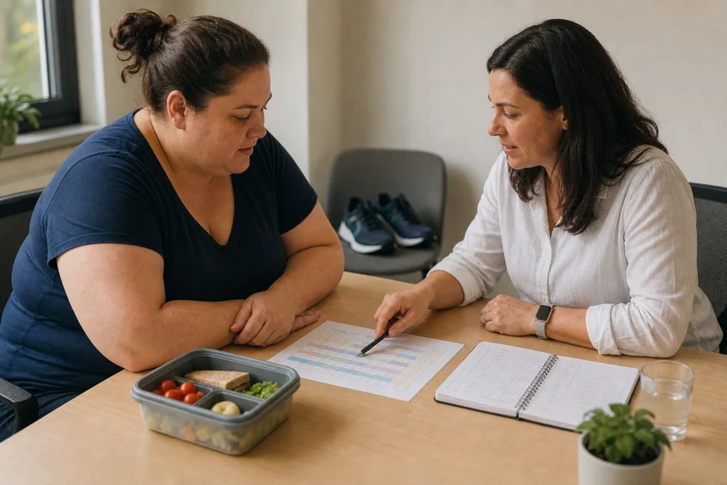 An adult discussing a sustainable health plan with a clinician