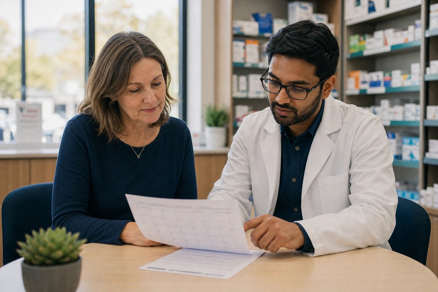 An adult and pharmacist reviewing a safe medication change plan