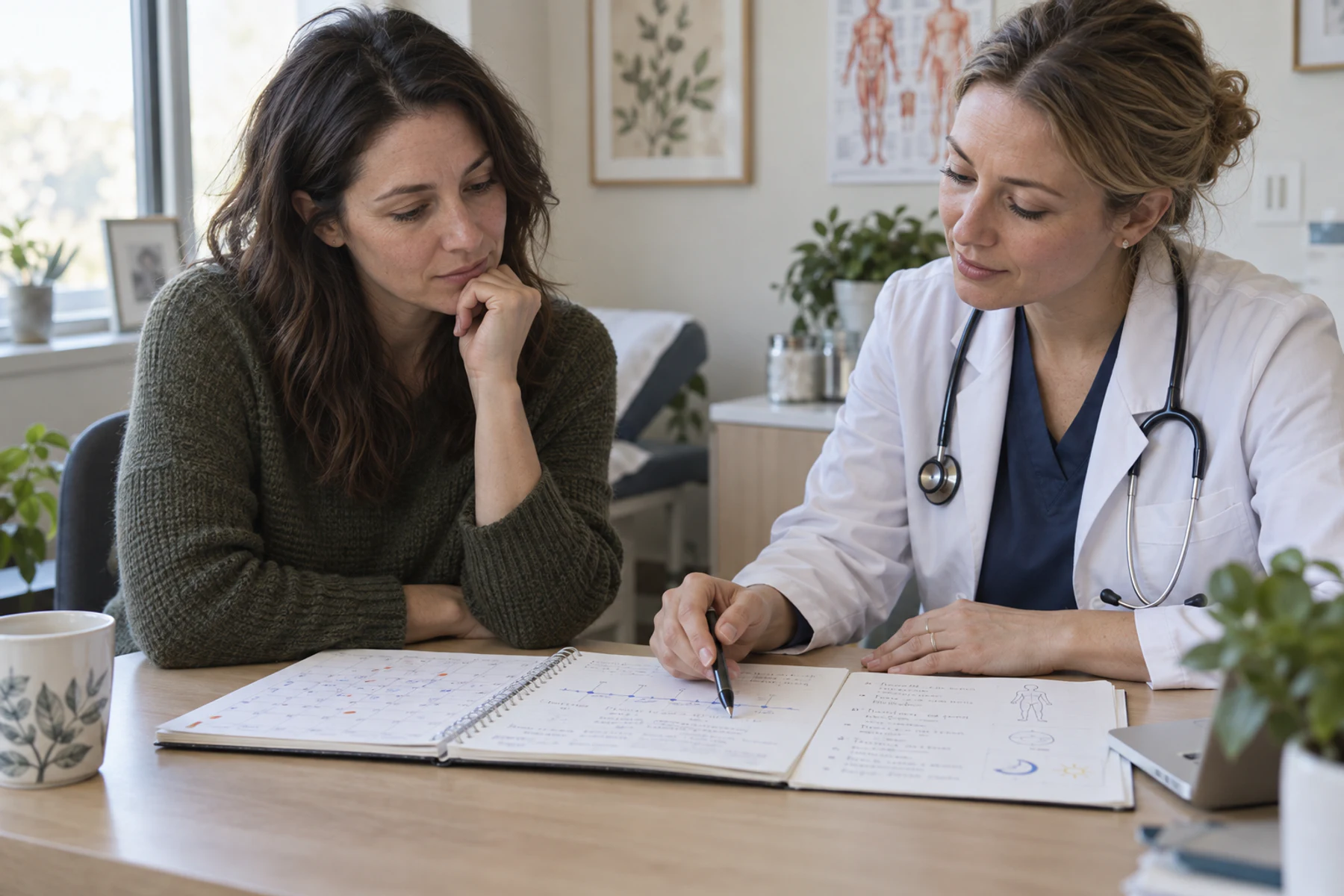 Adult reviewing a life timeline and symptom notes with a clinician during an ADHD evaluation