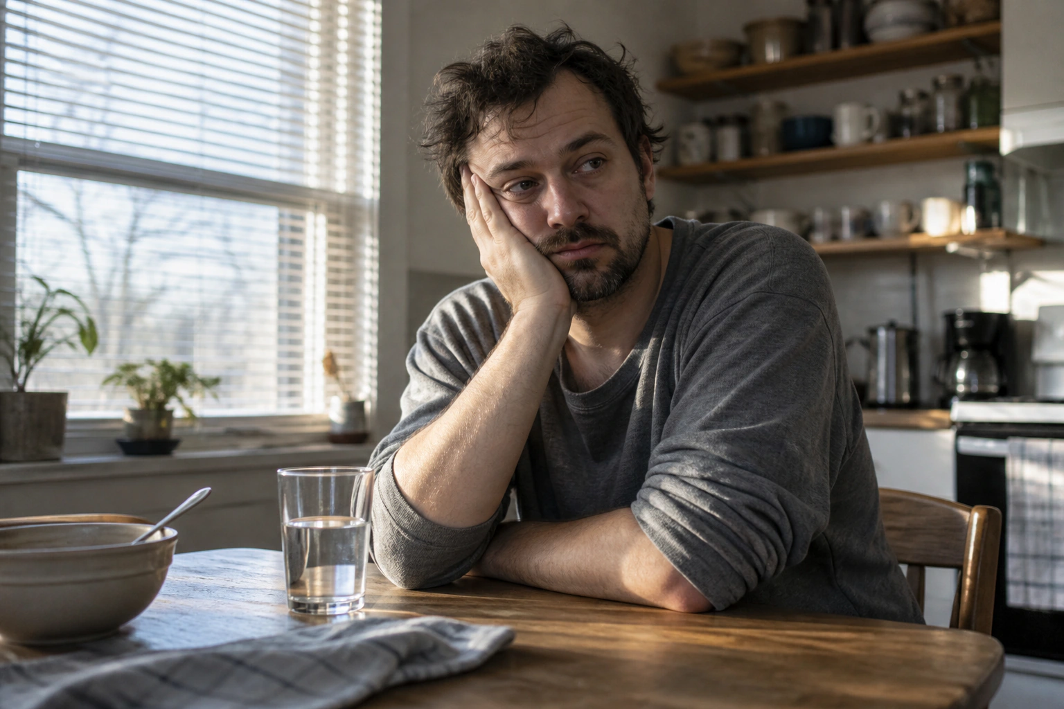 Adult reflecting on a disrupted night of sleep beside a glass of water and closed notebook