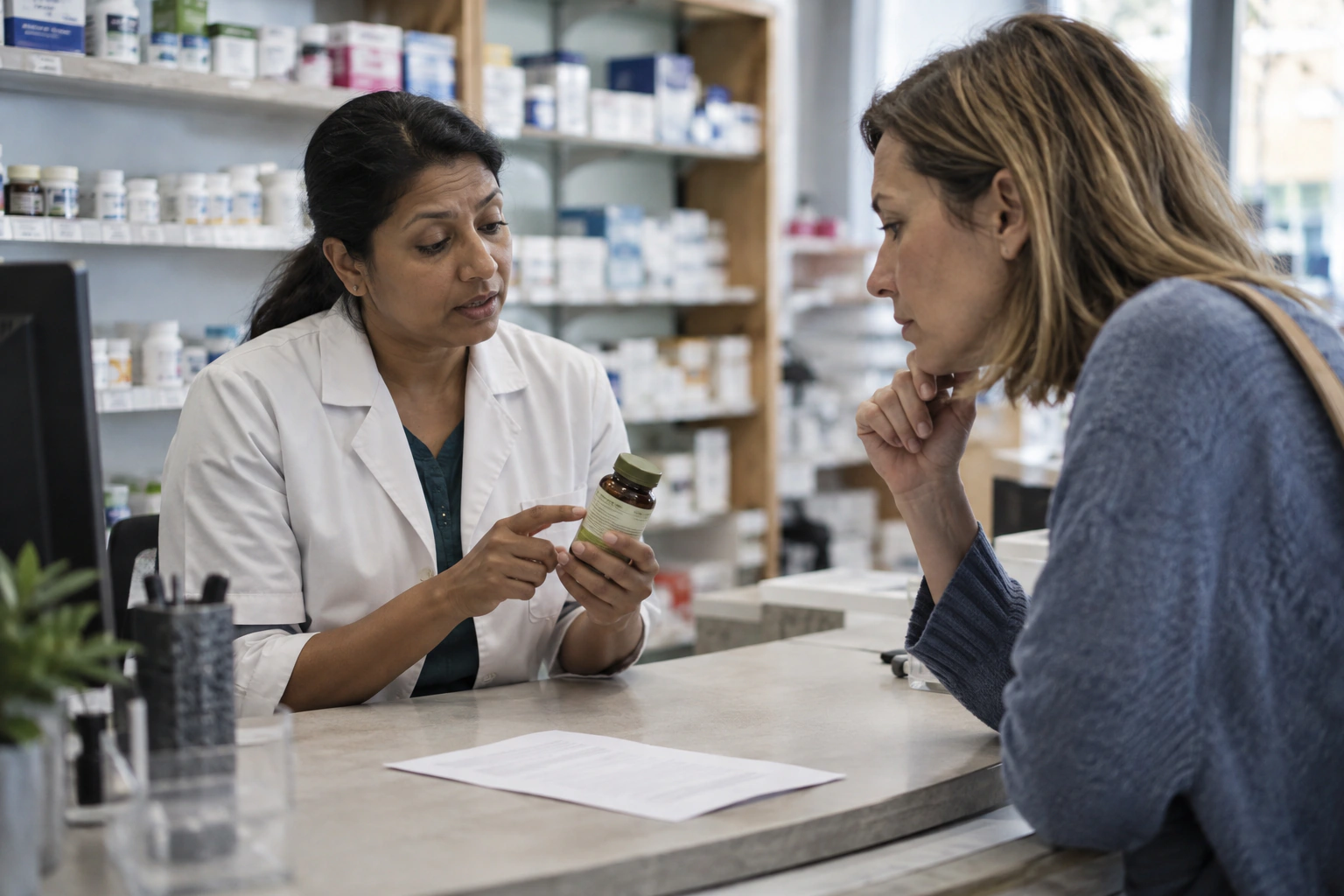 Pharmacist reviewing an ashwagandha supplement label with an adult