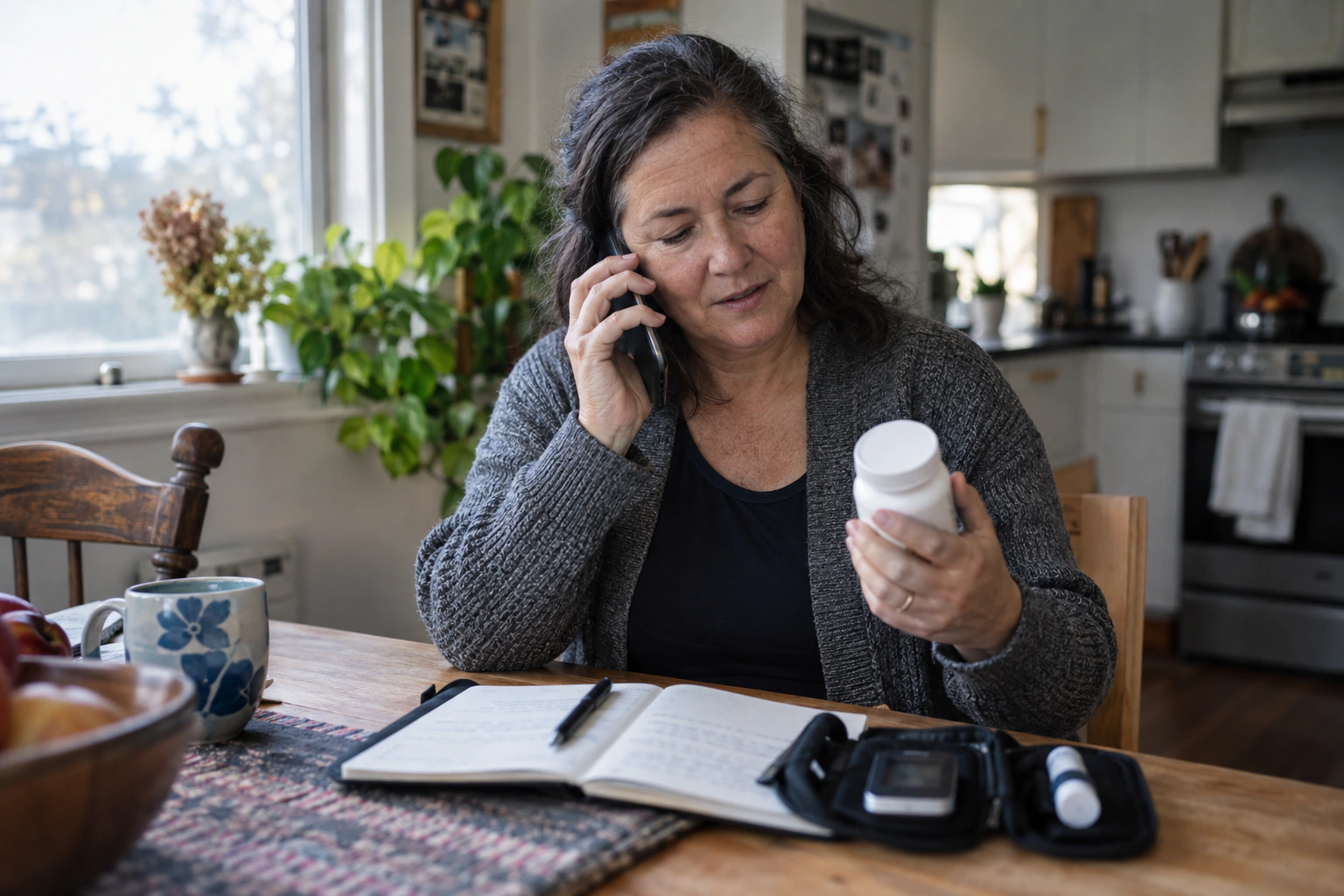 Pharmacist comparing a berberine bottle with a medication list in a consultation