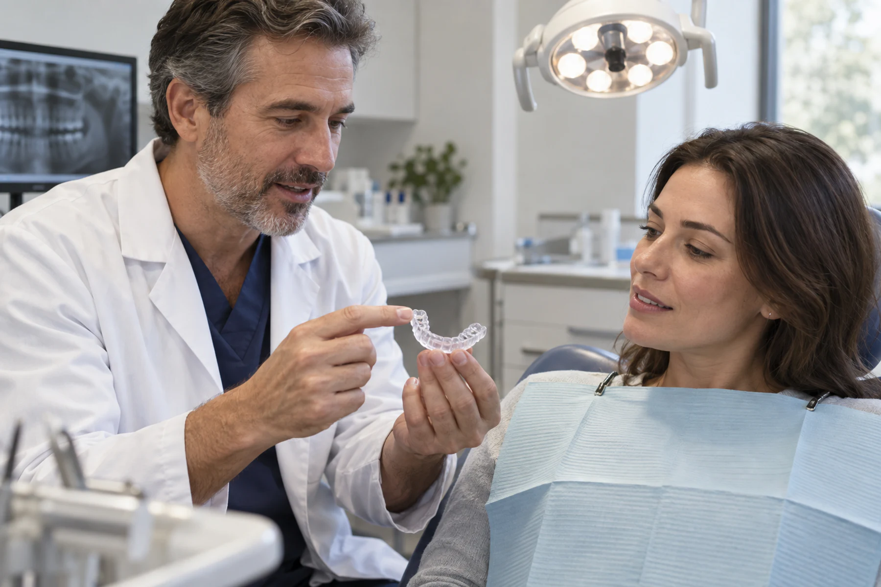 Dentist showing a clear custom night guard to a patient during a realistic consultation
