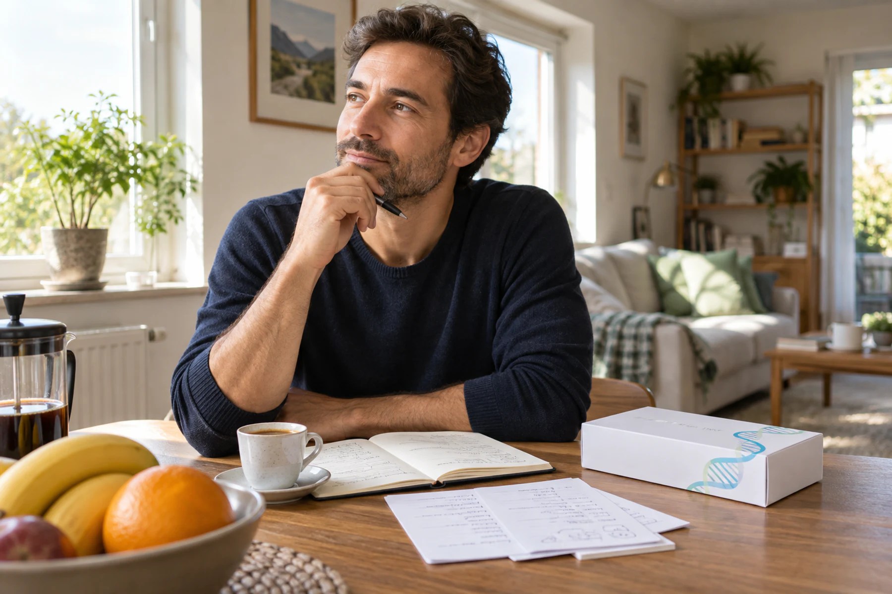 Adult considering coffee beside sleep notes and a generic home genetic test kit