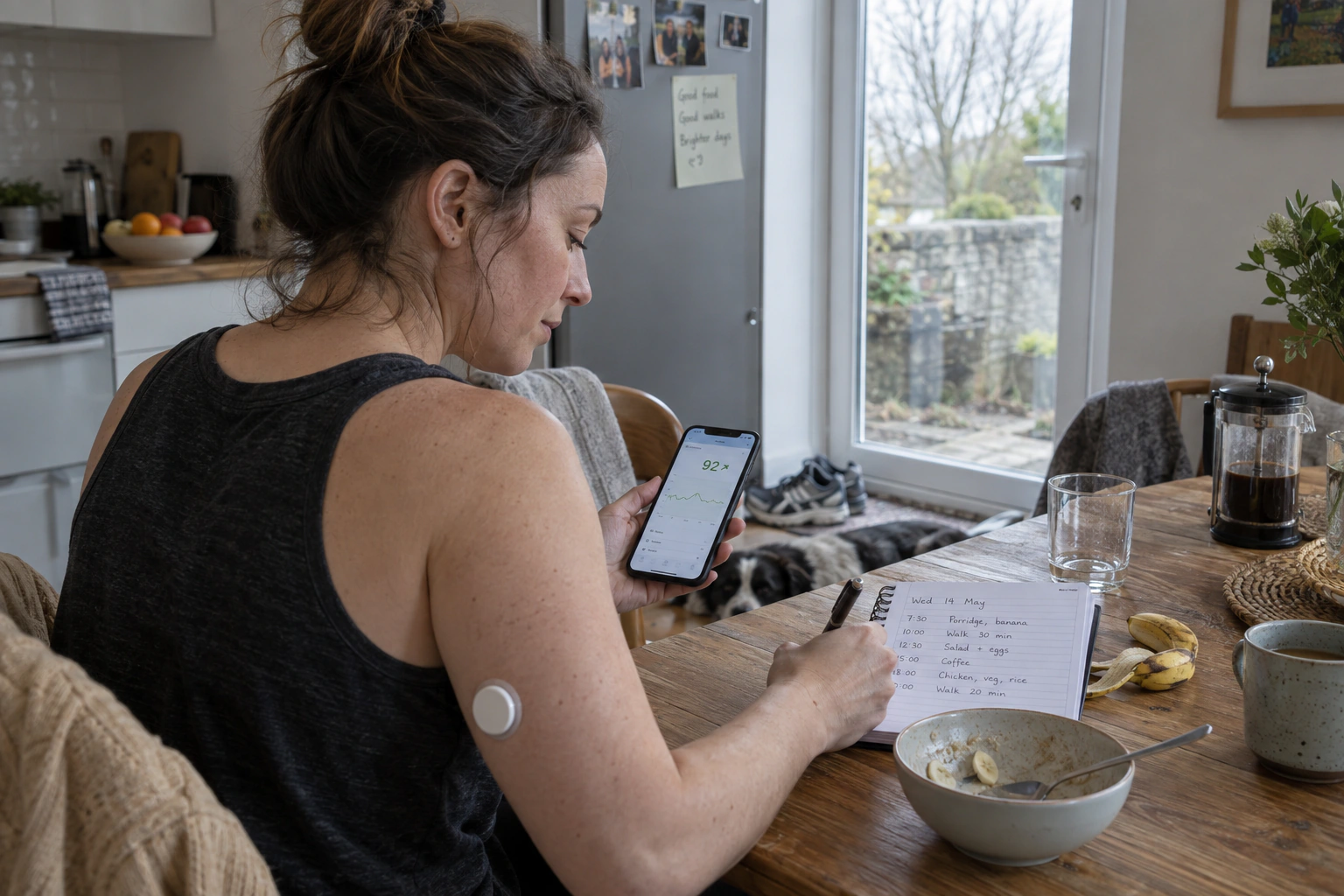 An adult comparing a continuous glucose monitor graph with a handwritten meal and walking log