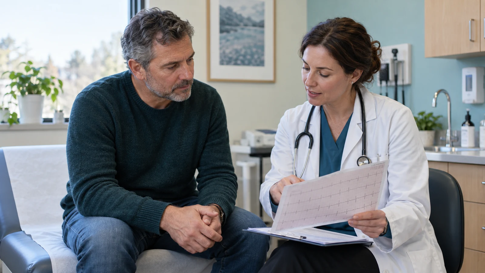 Adult reviewing an anxiety symptom diary and heart rhythm questions with a clinician
