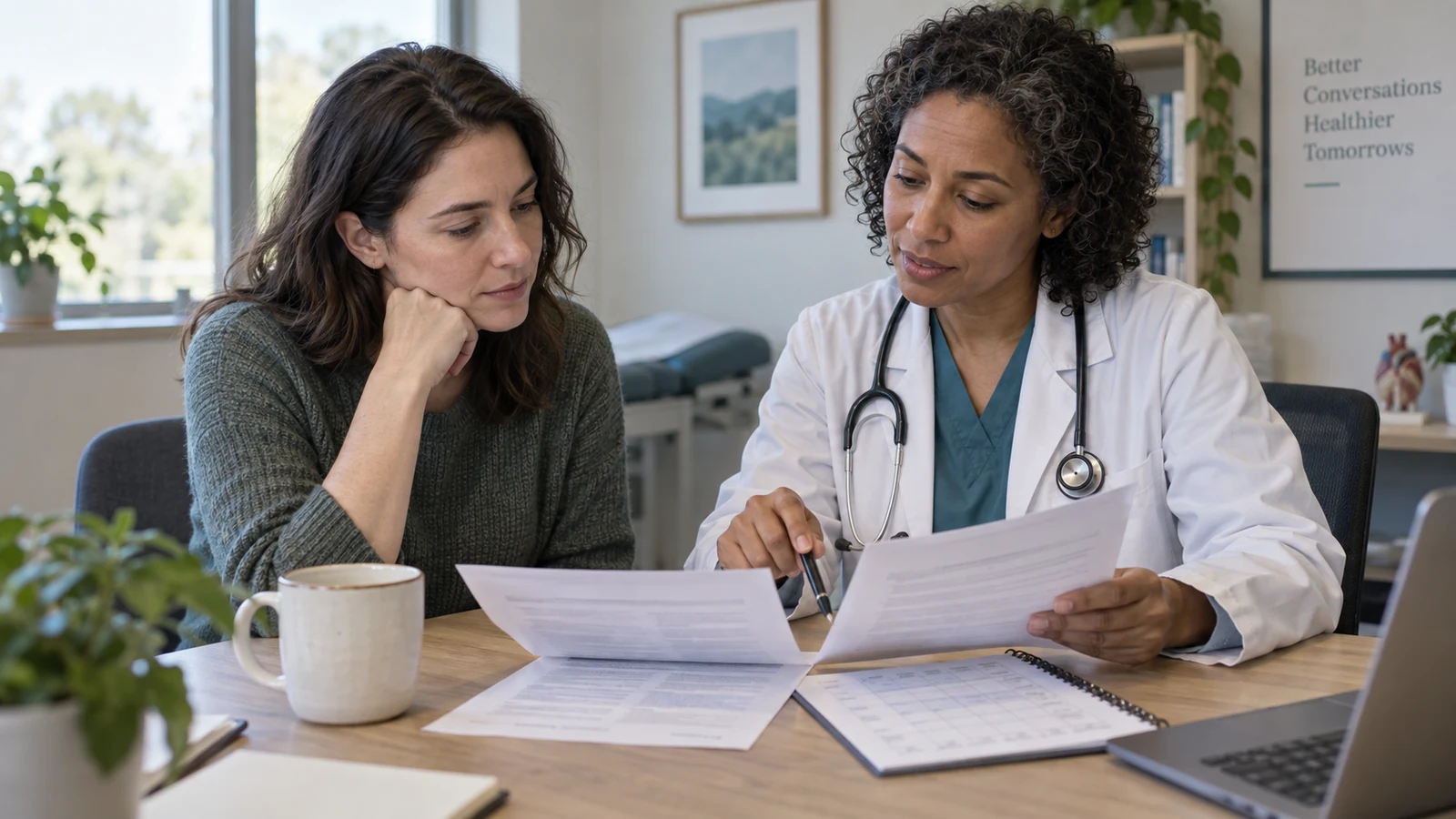 Clinician comparing two SSRI treatment plans with an adult using a symptom chart