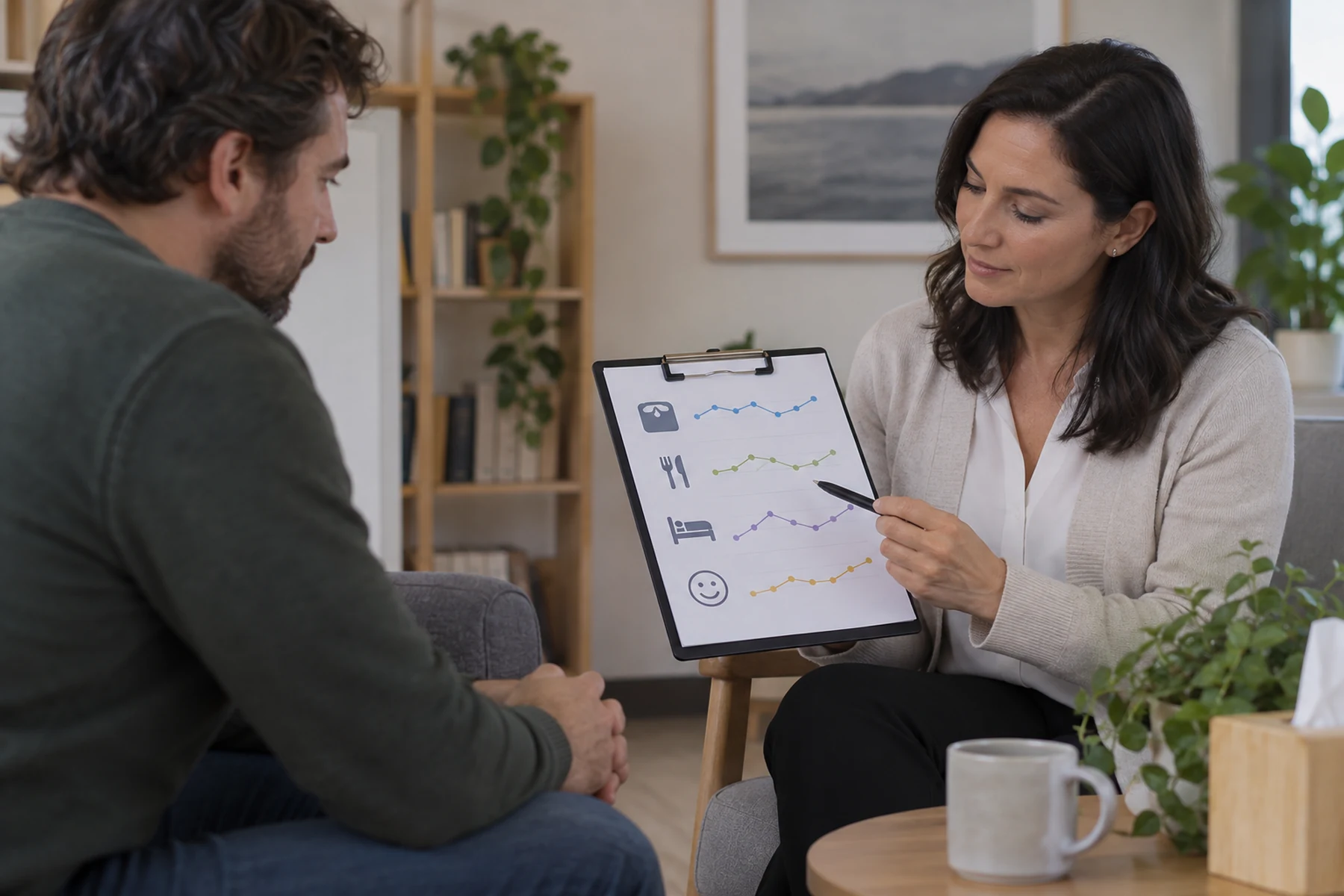 Adult and clinician reviewing weight, appetite, sleep, and mood trends without focusing on a single scale reading
